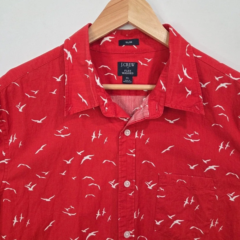 J.Crew‎ Mens Red Cotton Button Down Shirt XL Bird Print Slim Fit Casual Preppy
